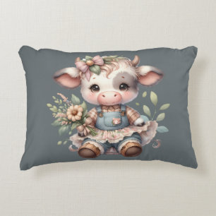 Cojín Decorativo Ternero Kawaii Farmcore con vestido floral vintage