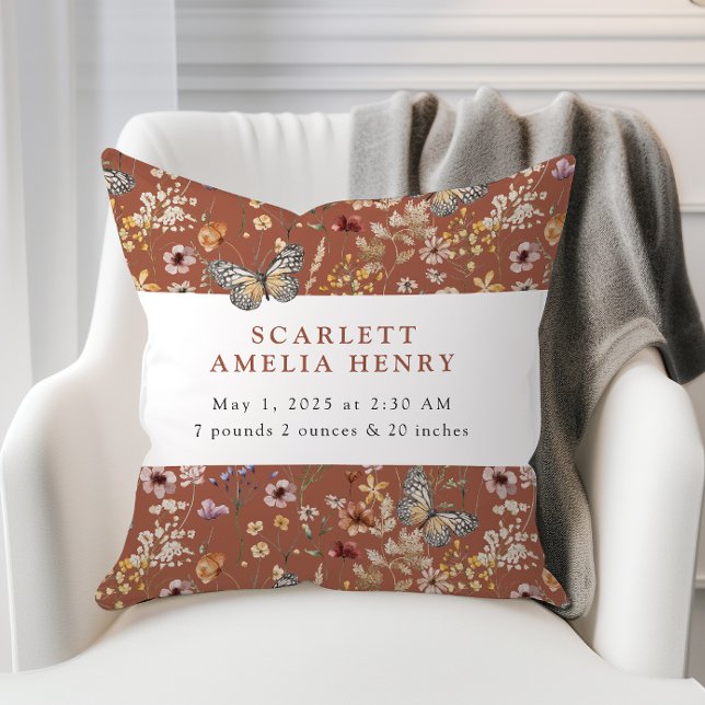 Cojín Decorativo Terracotta Boho Wildflower Baby Stats (Terracotta Boho Wildflower Baby Stats Throw Pillow with Butterflies by Painted Paperie
)