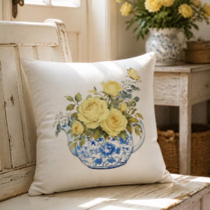 Cojín Decorativo Tetera Amarilla Rosa Azul y Blanca