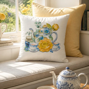 Cojín Decorativo Tetera azul y blanca de Chinoiserie para té de ros