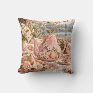 Cojín Decorativo Tetera de Perla Rosada Flor de Jardín Picnic