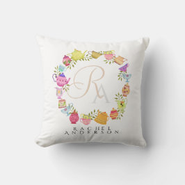 Cojín Decorativo Tetera y Tazas Monograma Blanco