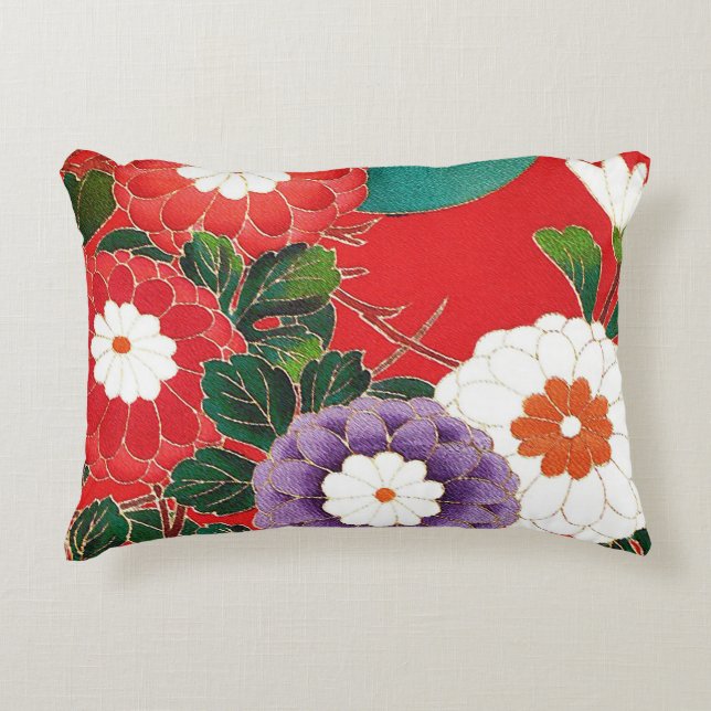 Cojín Decorativo Textil Japonés Antiguo - Dalias Rojas (Anverso)