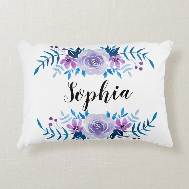 Cojín Decorativo Texto floral púrpura azul del personalizado de la (Anverso)
