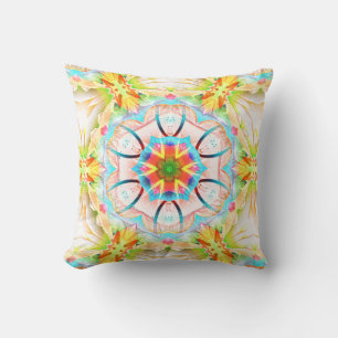 Cojín Decorativo Textura clara de grano amarillo, caleidoscopio flo