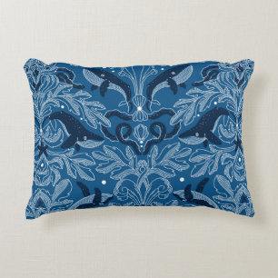 Cojín Decorativo Textura de damasco náutico con ballenas, vintag mo
