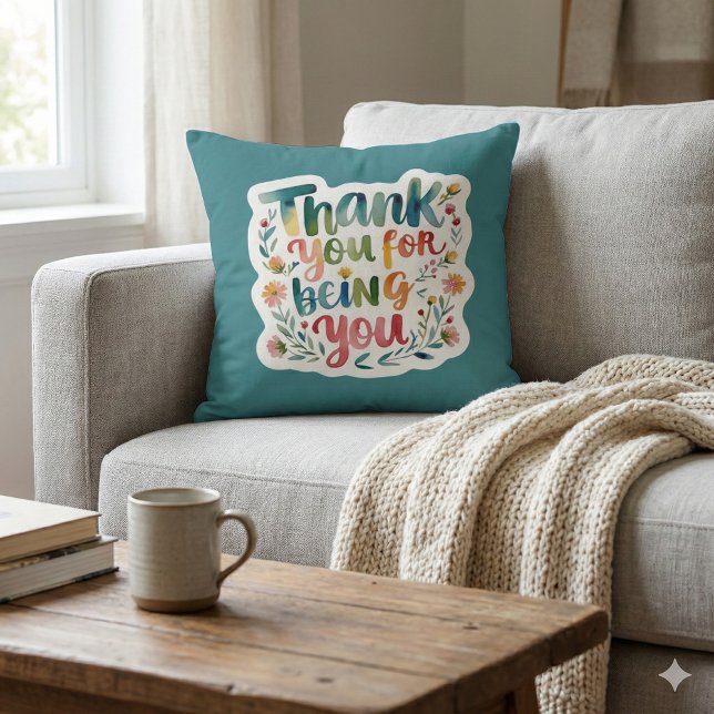 Cojín Decorativo Thank You For Being You Photo Throw Pillow (Show your gratitude with this beautiful floral watercolor, "Thank you for being you" photo pillow! )