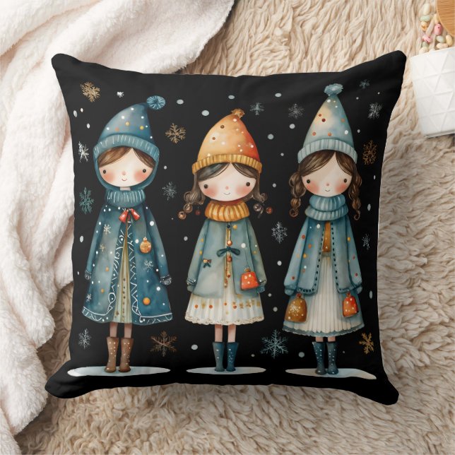 Cojín Decorativo Three Cozy Girls in Snow Throw Pillow (Manta)