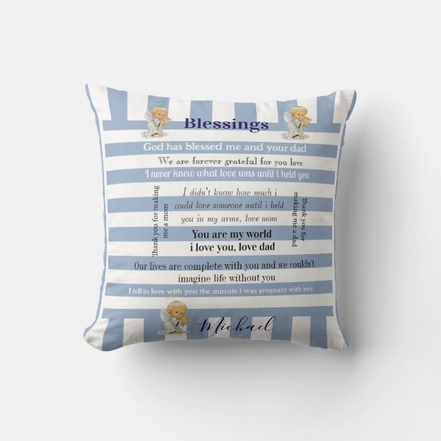 Cojín Decorativo Throw Pillow Blue & White Stripe Blessings  (Anverso)