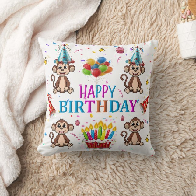 Cojín Decorativo Throw Pillow, Happy Birthday Monkey Cupcake (Manta)