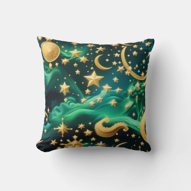 Cojín Decorativo Throw Pillow – Luxury Emerald Celestial Moon (Anverso)