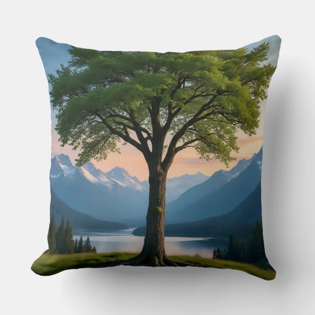 Cojín Decorativo Throw Pillow Tree, Green Land, Sea, Sky & Mountain (Anverso)
