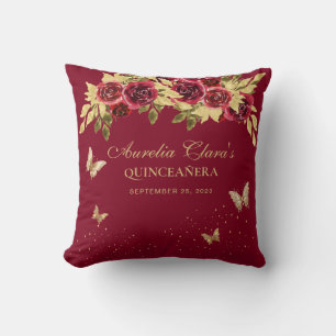 Cojín Decorativo Tiara de Mariposa de Oro Rojo Floral Quinceanera