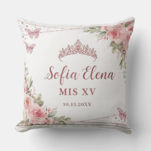 Cojín Decorativo Tiara de Quinceañera Floral Acuarela Rosa Claro
