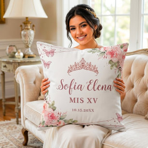 Cojín Decorativo Tiara de Quinceañera Floral Acuarela Rosa Claro