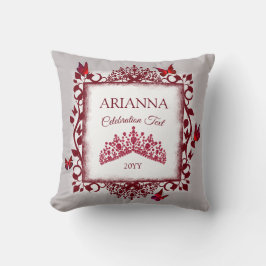 Cojín Decorativo Tiara gris personalizada, rojo borgoña, mariposa