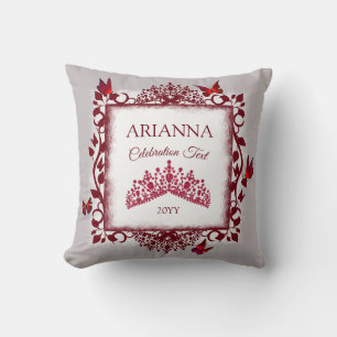 Cojín Decorativo Tiara gris personalizada, rojo borgoña, mariposa