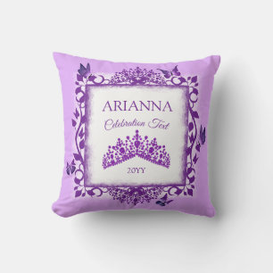 Cojín Decorativo Tiara Morada Personalizada y Recuerdo de Mariposas