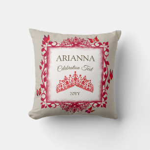 Cojín Decorativo Tiara Roja Personalizada de Rubí & Mariposas