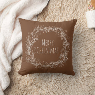 Cojín Decorativo Tierra Crema Marrón Arte de Línea Feliz Navidad