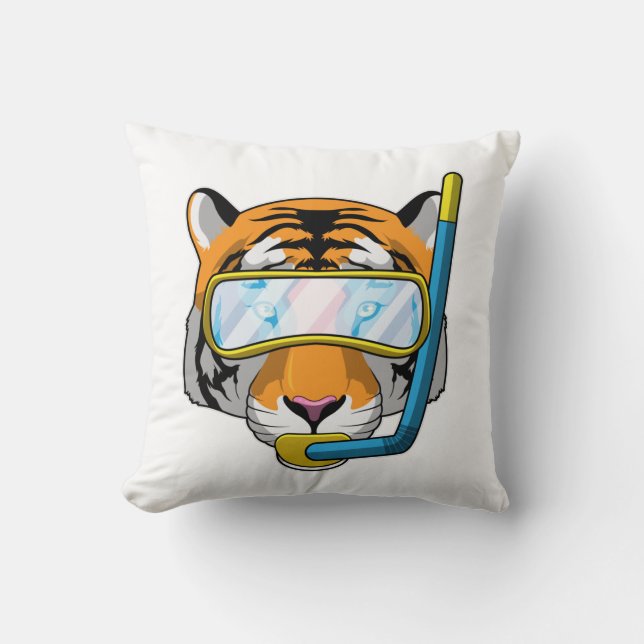 Cojín Decorativo Tigre como buzo con tubo de buceo (Anverso)