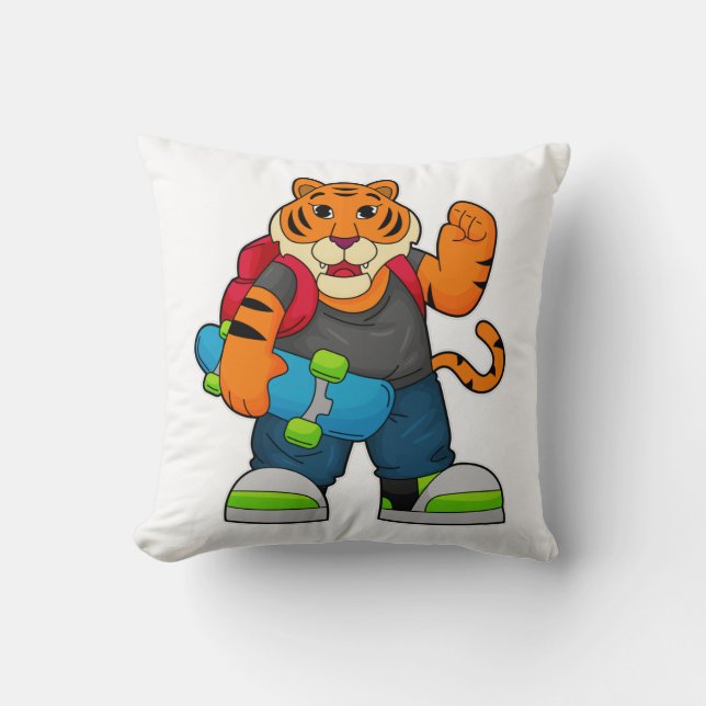 Cojín Decorativo Tigre como patinador con patineta (Anverso)
