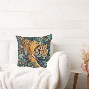 Cojín Decorativo Tigre con ojos ámbar, follaje de jungla fantástica