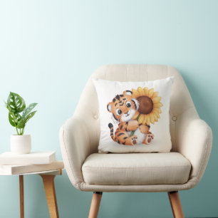 Cojín Decorativo Tigre de acuarela abrazando un girasol