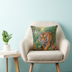 Cojín Decorativo Tigre de Bengala Jungla de Bambú Vibrante