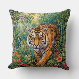 Cojín Decorativo Tigre de Bengala Jungla de Bambú Vibrante