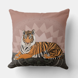 Cojín Decorativo tigre de bengala mandala rosa cobre