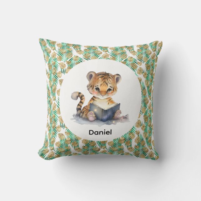 Cojín Decorativo Tigre lindo leyendo un libro (Anverso)