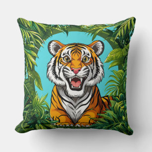 Cojín Decorativo Tigre majestuoso rugiendo en una selva vibrante
