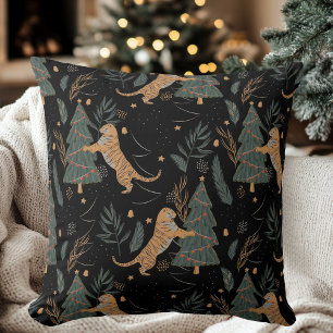 Cojín Decorativo "Tigre navideño vintage con árbol de Navidad negro