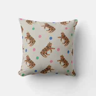 Cojín Decorativo tigre pintado a mano y puntos de polka coloridos