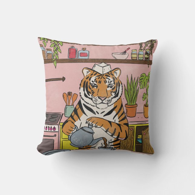 Cojín Decorativo Tigre preparando té (Anverso)
