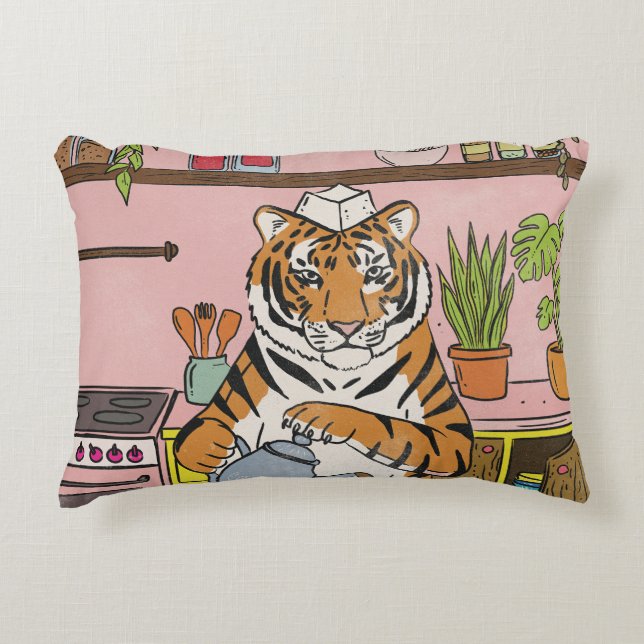 Cojín Decorativo Tigre preparando té (Anverso)