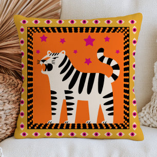 Cojín Decorativo Tigre Rugiente en Negro y Blanco sobre Naranja Fun