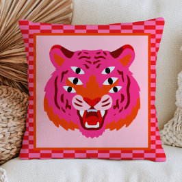 Cojín Decorativo Tigre Rugiente sobre Patrón de Cuadrícula Rosa Div
