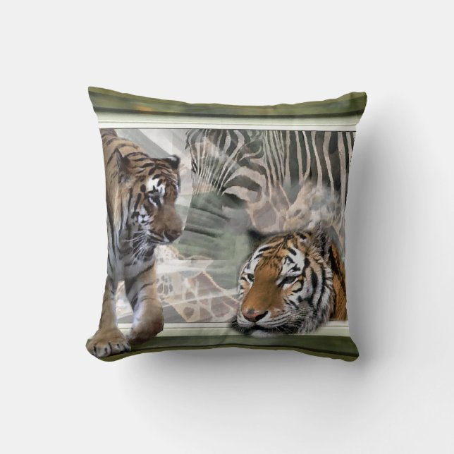 Cojín Decorativo Tigres, cebra, jirafa, jungla primitiva (Anverso)