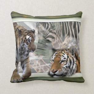 Cojín Decorativo Tigres, cebra, jirafa, selva primitiva