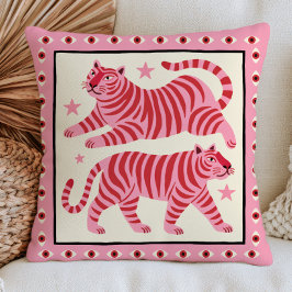 Cojín Decorativo Tigres estilizados rosados con rayas rojas diverti