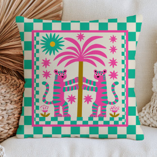 Cojín Decorativo Tigres rosados y palmeras Verde Cuadrado Eclectic