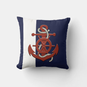 Cojín Decorativo Timón de barco rojo náutico/anchor manta azul mari