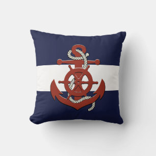 Cojín Decorativo Timón de barco rojo náutico/ancla azul marino tira