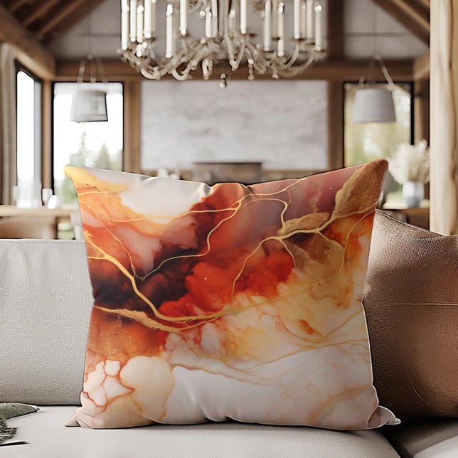 Cojín Decorativo Tinta de oro Naranja marrón mareada con alcohol (Brown, orange, and cream-colored decorator pillow )