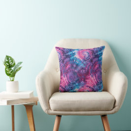 Cojín Decorativo Tinte Tie Dye Calidoscopio Rosa Púrpura y Teal