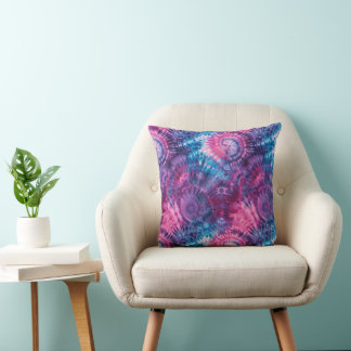 Cojín Decorativo Tinte Tie Dye Calidoscopio Rosa Púrpura y Teal