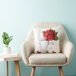 Cojín Decorativo Tipografía Botánica del Amor de Rosa Roja Romántic