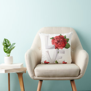Cojín Decorativo Tipografía de Amor de Rosa Roja Romántica Botánica